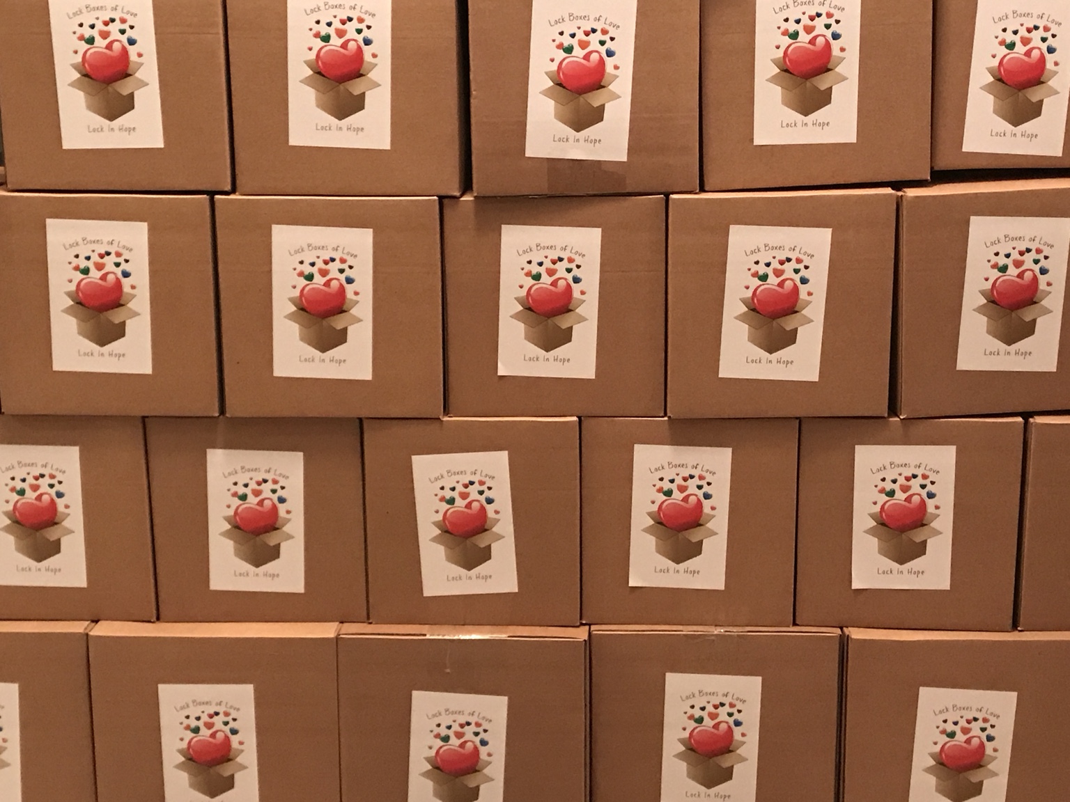 Rows of Lock Boxes of Love prepared for families